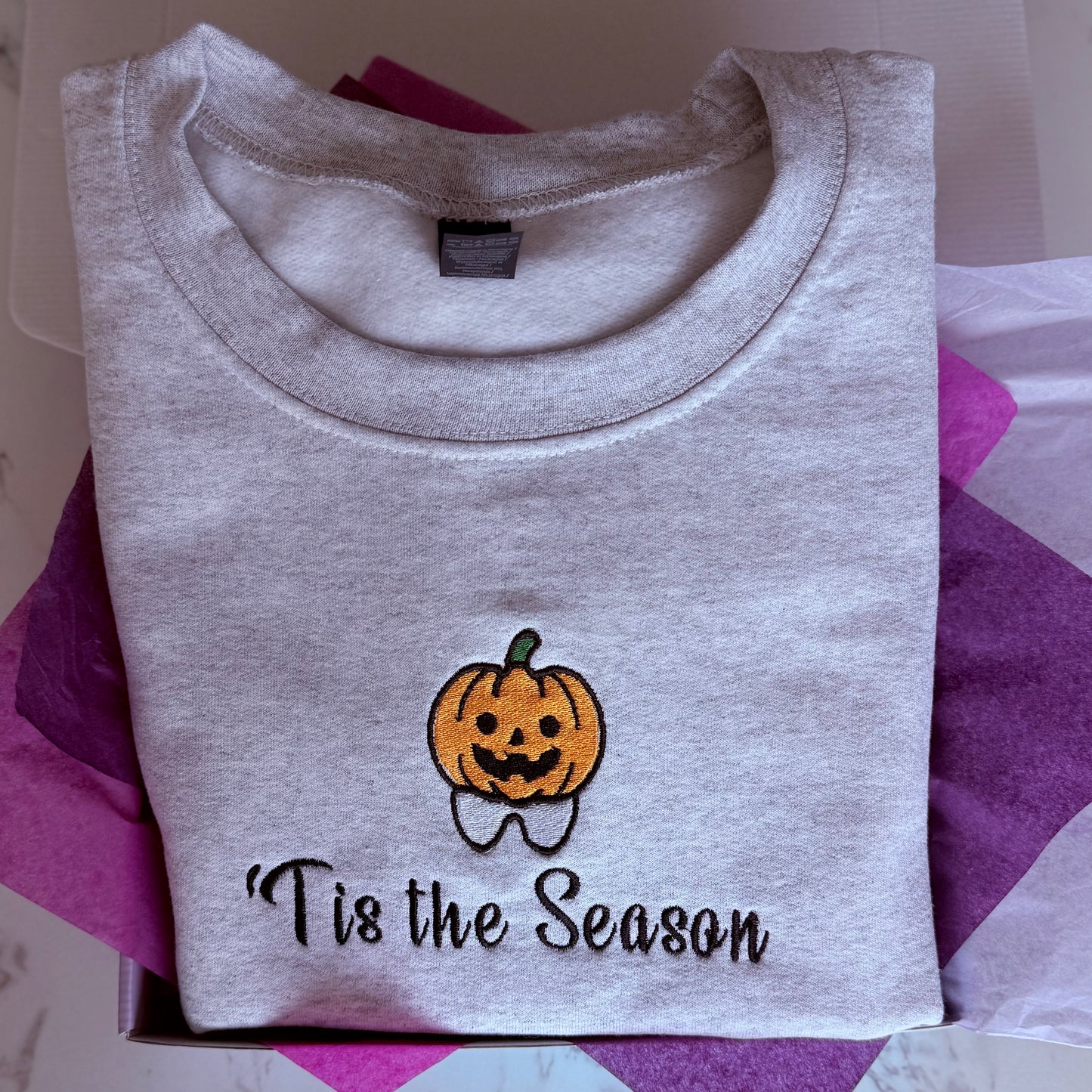 PRE-MADE 'Tis the season Pumpkin Tooth Embroidery Light Grey Crewneck