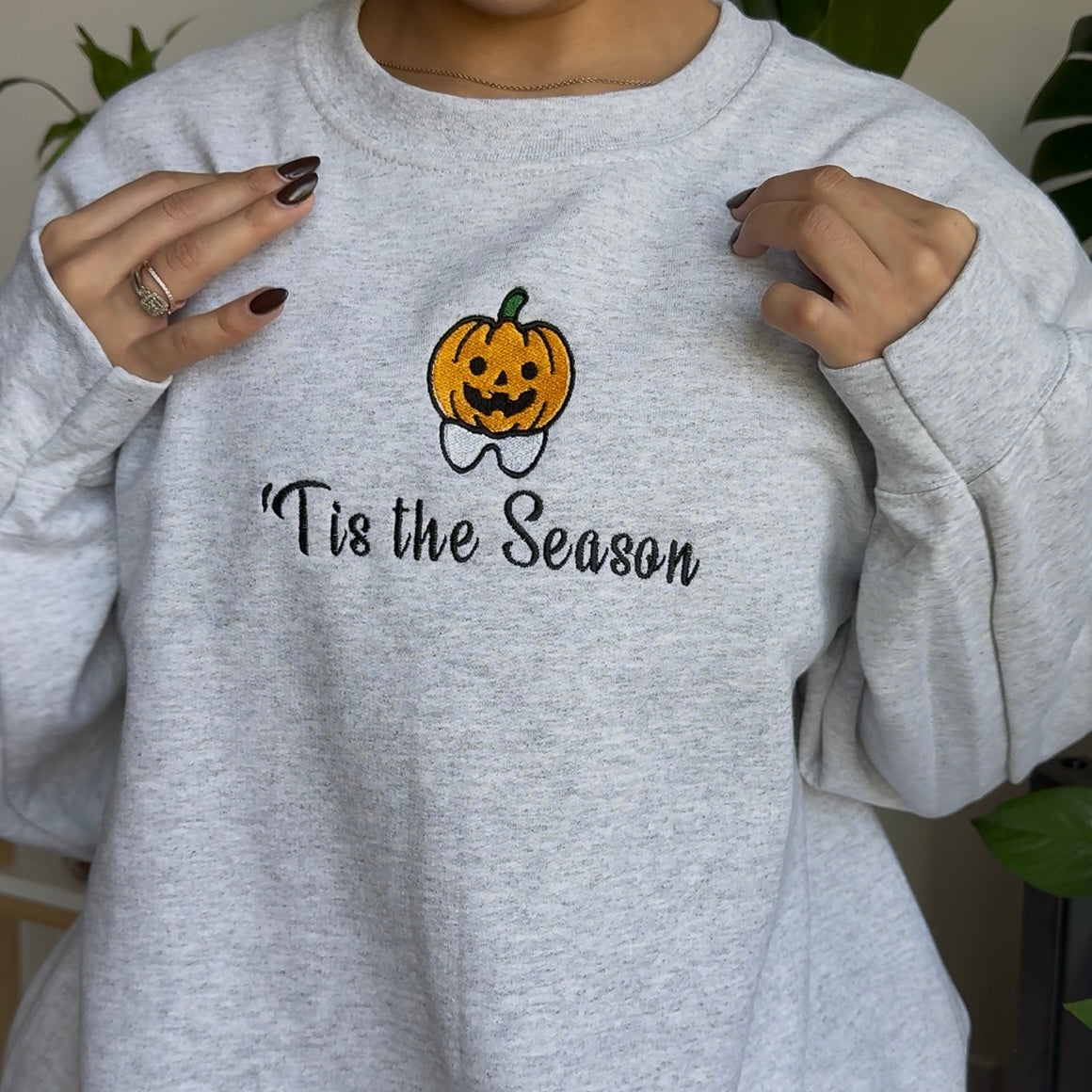 PRE-MADE 'Tis the season Pumpkin Tooth Embroidery Light Grey Crewneck