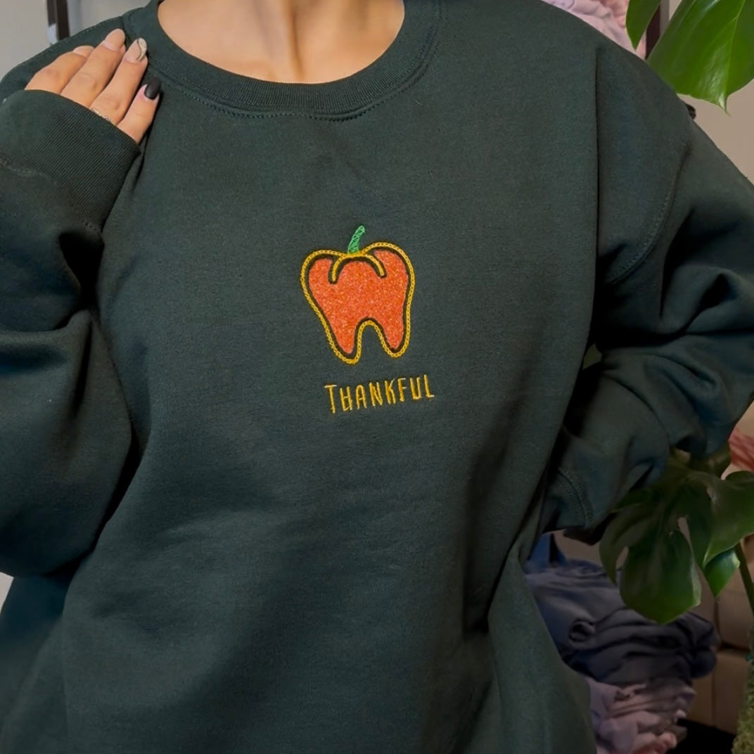 Thankful Pumpkin Tooth-Forest Green Crewneck
