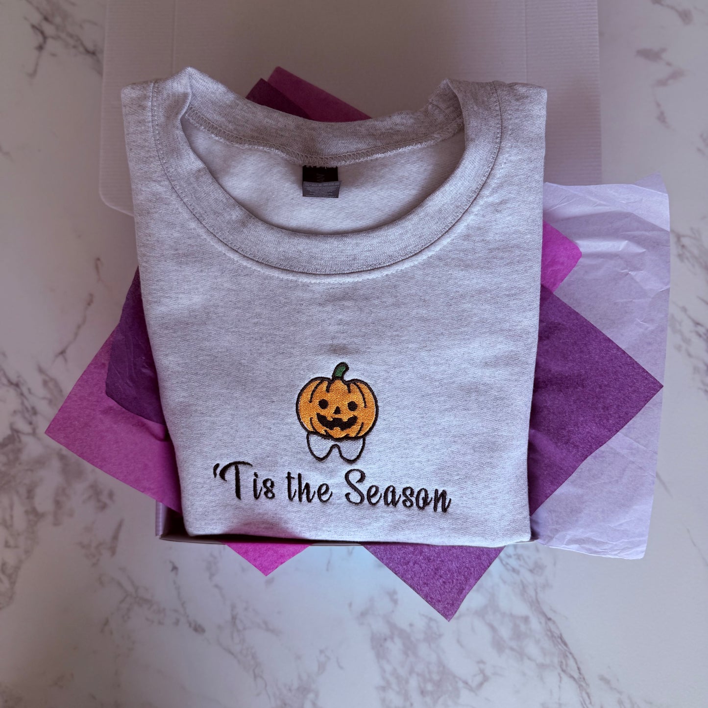 PRE-MADE 'Tis the season Pumpkin Tooth Embroidery Light Grey Crewneck