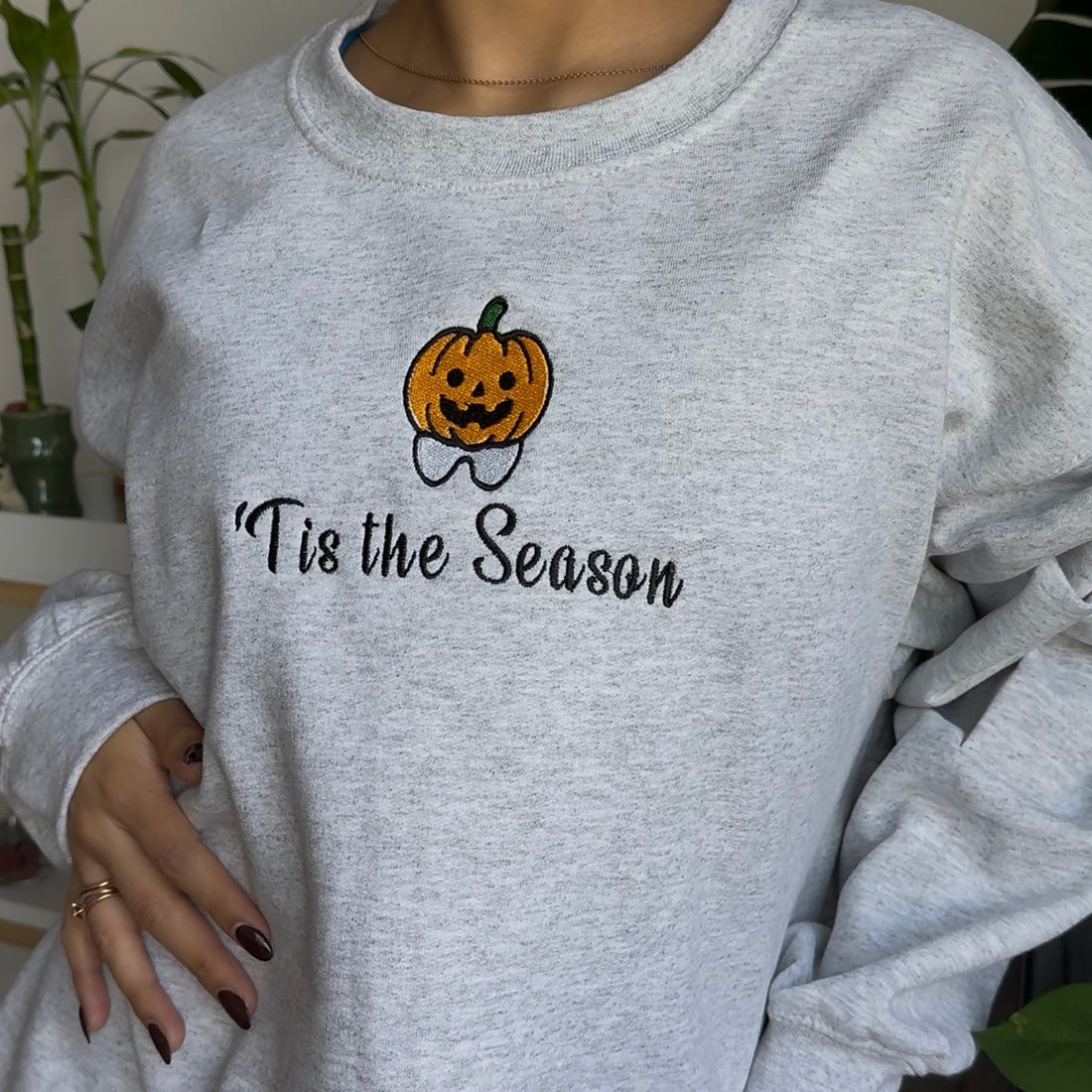 PRE-MADE 'Tis the season Pumpkin Tooth Embroidery Light Grey Crewneck