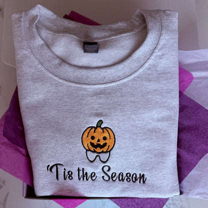 PRE-MADE 'Tis the season Pumpkin Tooth Embroidery Light Grey Crewneck