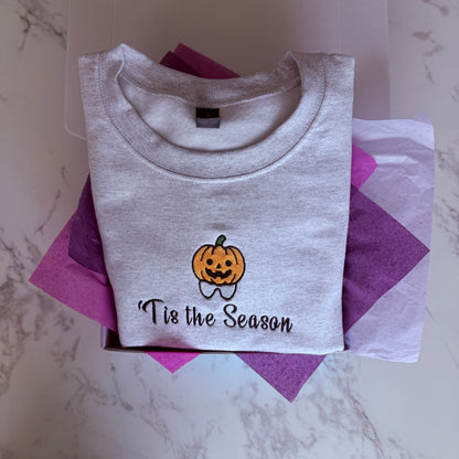 PRE-MADE 'Tis the season Pumpkin Tooth Embroidery Light Grey Crewneck